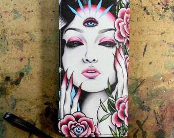 Women's Clutch Purse Wallet Wristlet | The Seeker by Carissa Rose | Lowbrow Tattoo Girl Illustration Third Eye and Roses