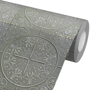 Gray Tin Fleur De Lis Ceiling Tile Peel and Stick Wallpaper REMOVABLE Repositionable Self-Adhesive