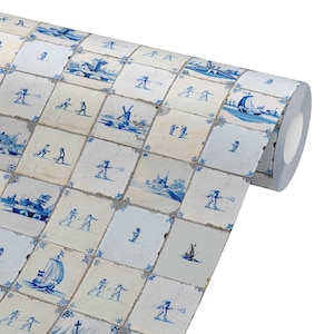 1680 Antique Minimalist Blue French Tiles Peel & Stick Wallpaper Retro Farmhouse Decor Vintage Style, Delft Blue, Dutch Blue and White Tiles