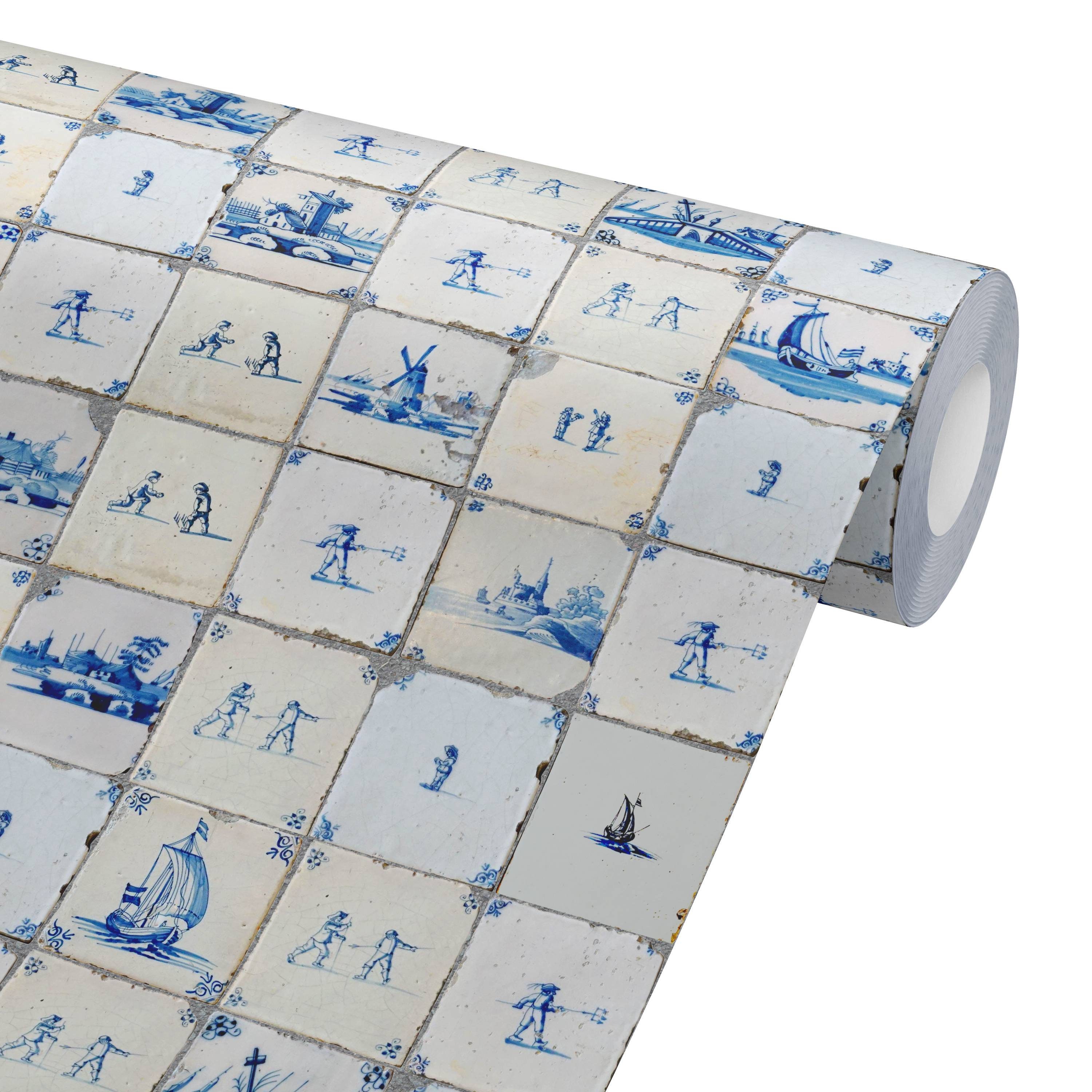 1680 Antique Minimalist Blue French Tiles Peel & Stick Wallpaper Retro Farmhouse Decor Vintage Style, Delft Blue, Dutch Blue and White Tiles