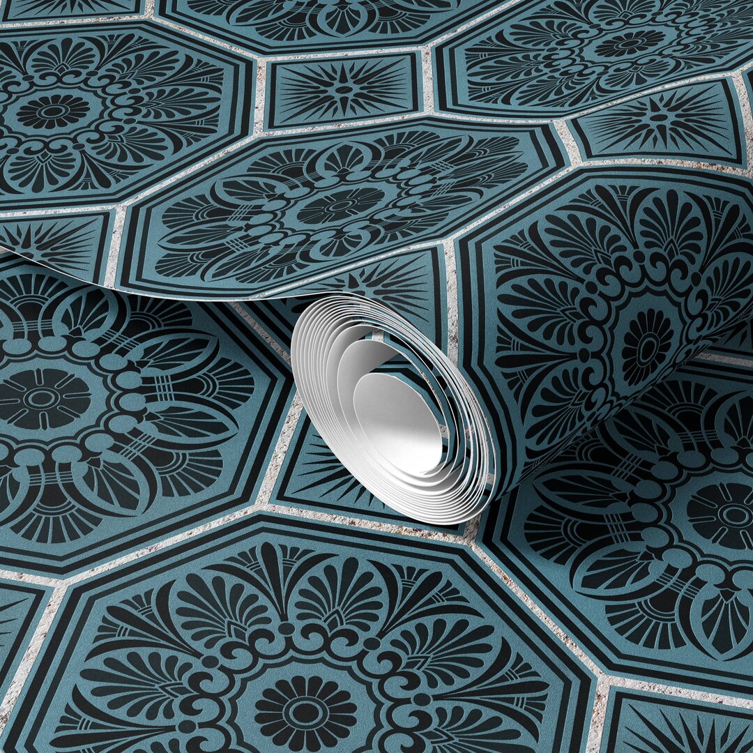 Blue Vintage Greek Faux 3D Tiles Wallpaper Dark Botanical Geometric ...