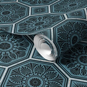 Blue Vintage Greek Faux 3D Tiles Wallpaper Dark Botanical Geometric Bathroom Kitchen Ceiling Laundry Industrial Farmhouse Customizable