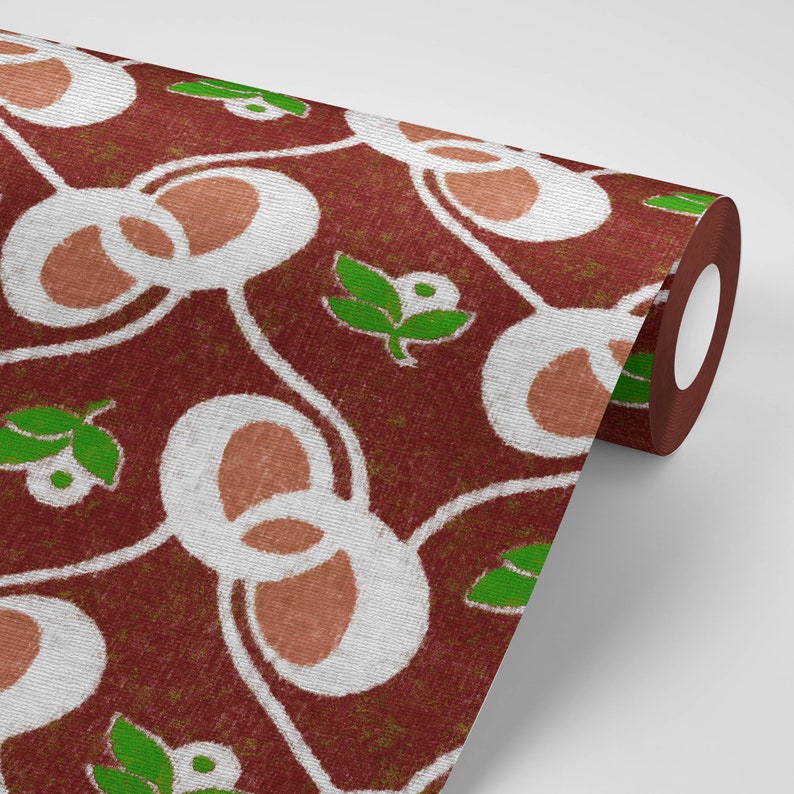 Retro Red Floral Removeable Wallpaper Peel and Stick Wallpaper Sticker REMOVABLE Repositionable Retro Re-positionable 50s Mid Century Modern