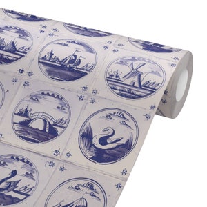 Vintage Delft Blue Tile Peel and Stick Wallpaper | Retro Dutch Windmills, Boats Wall Decor