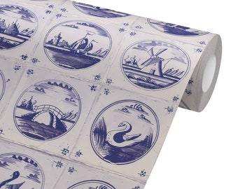 Vintage Delft Blue Tile Peel and Stick Wallpaper | Retro Dutch Windmills, Boats Wall Decor