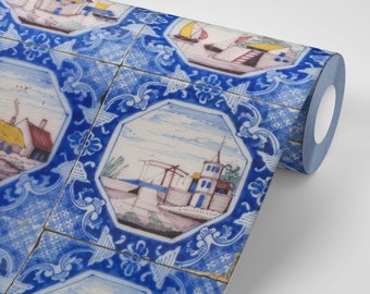 Vintage Dutch Blue Water & Country Tile Peel and Stick Wallpaper