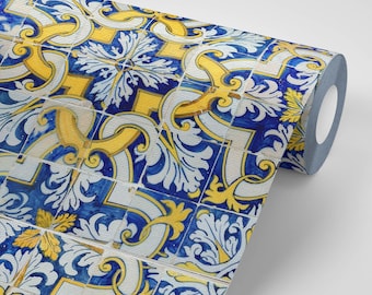 Vintage Portuguese Peel Stick Wallpaper | Blue Gold Azulejo Tile Removable | Mediterranean Kitchen Backsplash