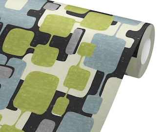 1950s Mid Century Modern Peel and Stick Wallpaper: Vintage Green Blue Abstract Room Decor