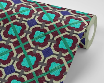 Vintage Geometric Peel & Stick Wallpaper | Removable Accent Wall Fabric 1615 | Tudor Painted Print | Teal