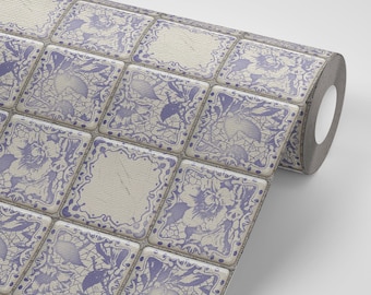 Floral Delft Tile Peel and Stick Wallpaper, Retro Botanical Design