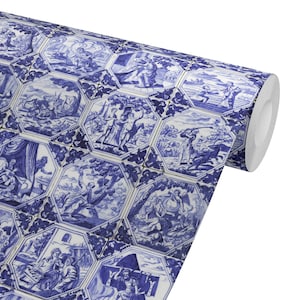 May include: A roll of blue and white wallpaper with a repeating pattern of hexagonal tiles featuring scenes from the Bible. Each tile has a different scene, including a man and woman in a garden, a man with a staff, and a man with a sword.