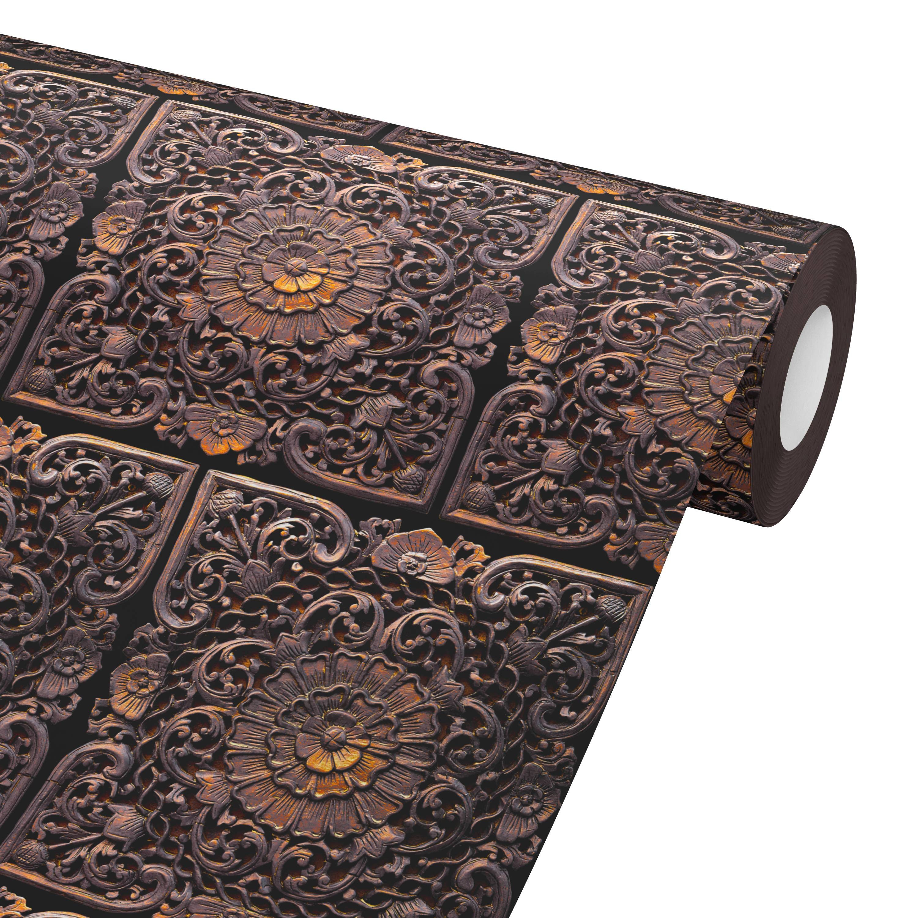 Vintage Brass Floral Ceiling Tile Print Peel and Stick Wallpaper, Antique Flower Pattern Wall Decor, Victorian Ornamental Gold Retro Art