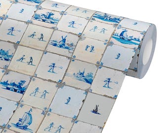 1680 Antique Minimalist Blue French Tiles Peel & Stick Wallpaper Retro Farmhouse Decor Vintage Style, Delft Blue, Dutch Blue and White Tiles