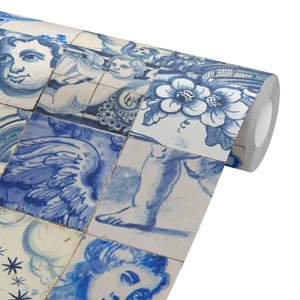 Portuguese Blue Cherub Tile Peel and Stick Wallpaper – 18th Century Vintage Style Decor