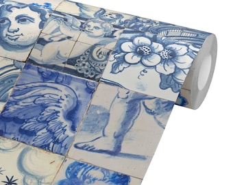 Portuguese Blue Cherub Tile Peel and Stick Wallpaper – 18th Century Vintage Style Decor