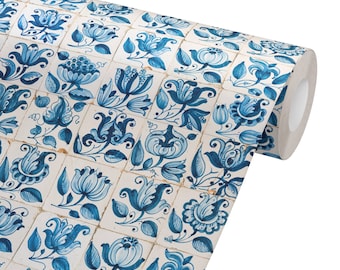 Vintage 1700s Blue Botanical Portuguese Tile Peel and Stick Wallpaper | Floral Retro European Decor