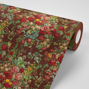 Victorian Floral Peel & Stick Wallpaper, Vintage Red Roses Botanical Wall Mural, Peonies, Garden Flowers, Removable Rustic Cottagecore Decor