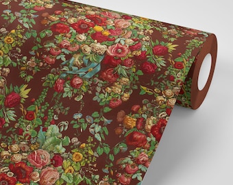 Victorian Floral Peel & Stick Wallpaper, Vintage Red Roses Botanical Wall Mural, Peonies, Garden Flowers, Removable Rustic Cottagecore Decor