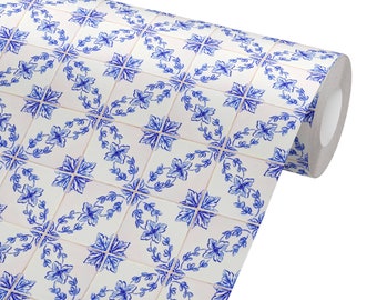 Old Portuguese Blue Flowers Tiles Tile Peel & Stick Wallpaper REMOVABLE Retro Vintage Decor Portugal