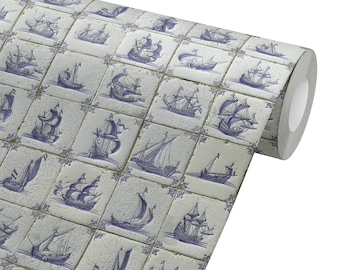 Delft Ship Peel and Stick Wallpaper: 17th Century Decor