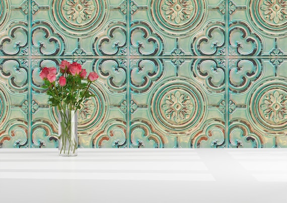 Faux Teal Ceiling Tile Removeable Wallpaper Peel And Stick Wallpaper Sticker Removable Repositionable Retro Re Positionable Blue Green