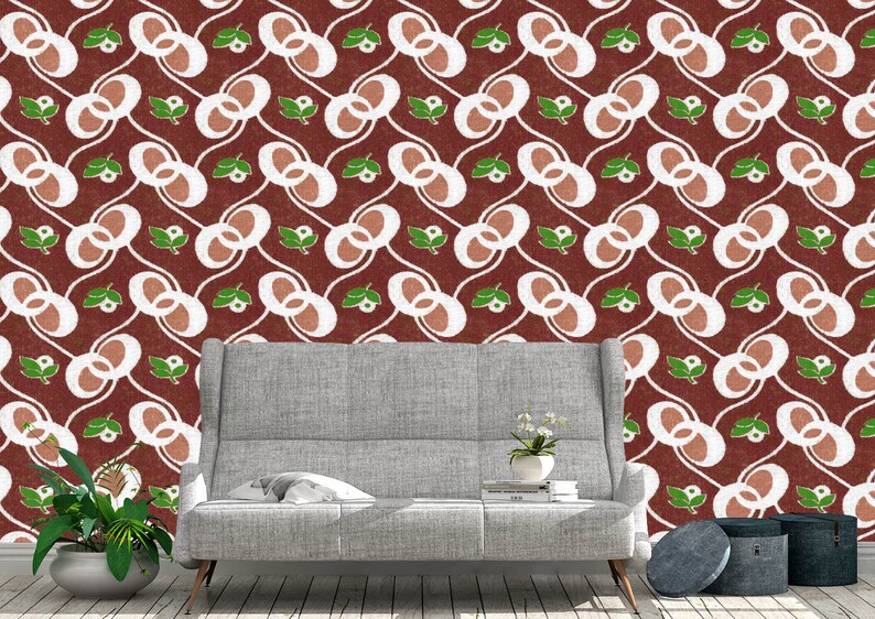 Retro Red Floral Removeable Wallpaper Peel and Stick Wallpaper Sticker REMOVABLE Repositionable Retro Re-positionable 50s Mid Century Modern
