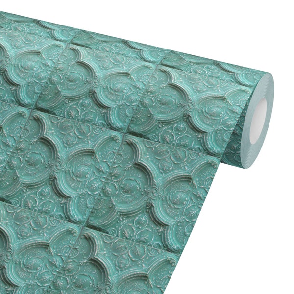 Papel pintado removible con azulejos geométricos para techo en color verde azulado / Decoración retro autoadhesiva / Azul verdoso