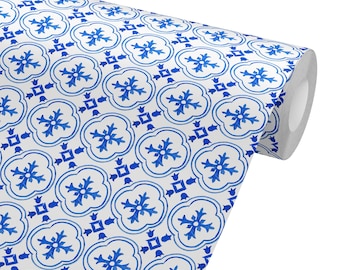 Blue Mediterranean Tiles Wallpaper Peel and Stick Wallpaper Sticker REMOVABLE Repositionable Retro Vintage Style