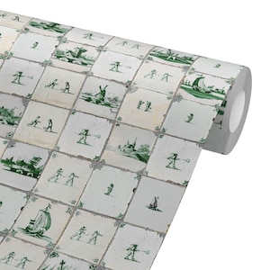 1680 Antique Green Weathered French Tiles Wallpaper Peel & Stick REMOVABLE Retro Kids Olive Bathroom Laundry Backsplash Fireplace