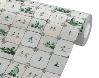 1680 Antique Green Weathered French Tiles Wallpaper Peel & Stick REMOVABLE Retro Kids Olive Bathroom Laundry Backsplash Fireplace
