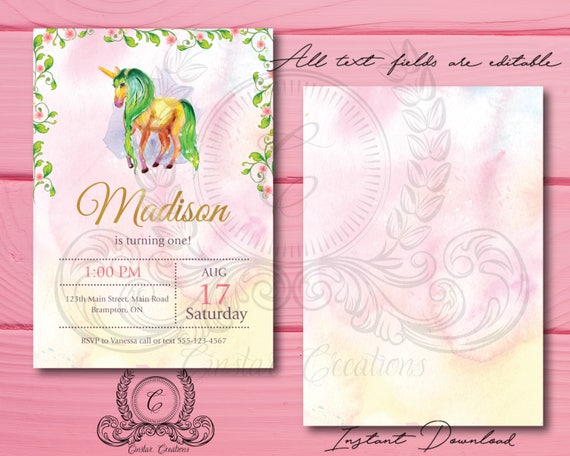 unicorn invitation card birthday party invitation template editable text birthday card template printable greeting card birthday birthday party invitation card