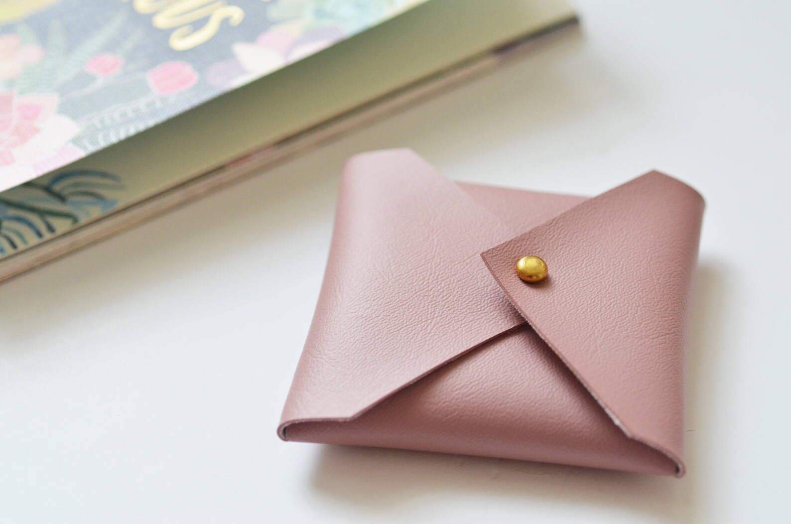 Vegan leather wallet square business card case pink/mauve Etsy