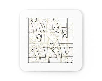 May include: A black and white geometric design with overlapping circles and squares. The design is on a white background and has a subtle green overlay.