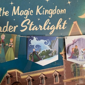 May include: A blue and white sign with the text "See the Magic Kingdom Under Starlight" with a string of three pennants featuring scenes from the movie Frozen. The pennants are decorated with images of Elsa, Anna, Kristoff, Olaf, and Sven.