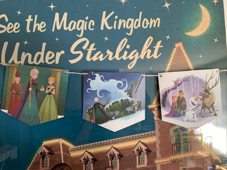 May include: A blue and white sign with the text "See the Magic Kingdom Under Starlight" with a string of three pennants featuring scenes from the movie Frozen. The pennants are decorated with images of Elsa, Anna, Kristoff, Olaf, and Sven.