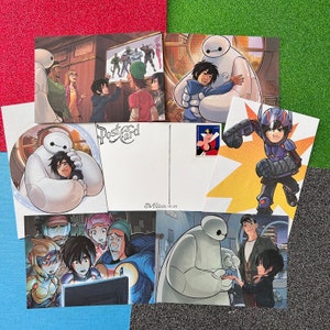May include: A collage of images featuring the Disney character Baymax. The images include Baymax in various poses, including hugging a person, standing with a group of people, and flying through the air. The collage also includes a postcard with the text "Post Card" and a stamp with a picture of a character from the movie.