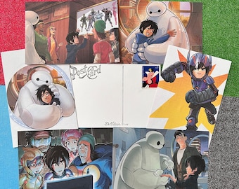 May include: A collage of images featuring the Disney character Baymax. The images include Baymax in various poses, including hugging a person, standing with a group of people, and flying through the air. The collage also includes a postcard with the text "Post Card" and a stamp with a picture of a character from the movie.