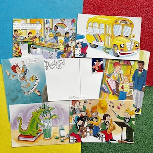 May include: A set of six postcards featuring illustrations of children in various activities, including riding a school bus, playing music, and learning about colors. The postcards are blank on the back for writing messages.