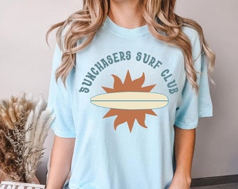 Surf Beach Shirt - Sunchaser Surf Club Tshirt - Women's Surfboard Tshirt - Beach Aesthetic Ocean Lover Comfort Colors Oversized Unisex Tee