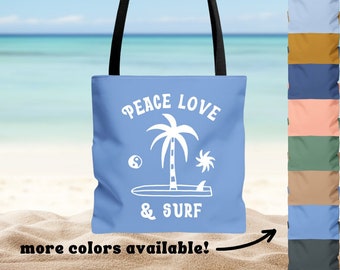 Peach Love & Surf Beach Tote Bag - Summer Surfing Tote - Beach Vacation Bag - Double Sided Beach Tote Bag