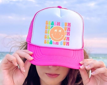 Beach Bum Neon Smiley Trucker Cap - Pink Beach Hat - Summer Trucker Hat - Neon Pink Summer Hat - Smiley Hat