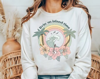 Hawaii Beach Sweatshirt - Tropical Vacation Sweatshirt - Summer Island Time Beach Graphic Crewneck Gildan Crewneck Sweatshirt