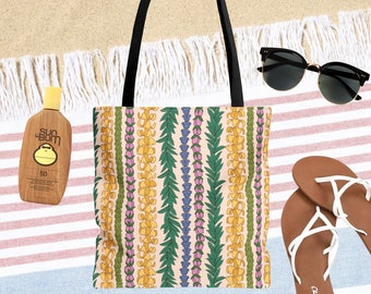 Hawaiian Lei Print Beach Bag - Double Sided Beach Tote Bag