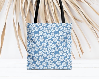 Blue Vintage Hawaiian Print Beach Bag - Floral Beach Bag - Large Beach Tote Bag - Summer Tote Bag - Retro Hawaiian Hibiscus Print Bag