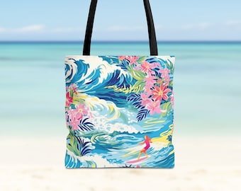 Hawaiian Print Beach Bag - Ocean Waves and Surf Beach Bag - Large Beach Tote Bag - Ocean Tote Bag - Double Sided Beach Tote Bag