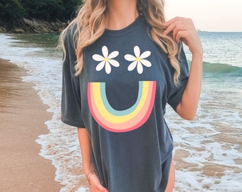 Rainbow Smiley Tee - Beach Comfort Colors Oversized Unisex Tee - Happy Beach Smiley Tshirt - Beach Aesthetic - Rainbow Happy Face Tee