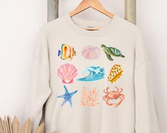 Beach Crewneck Sweatshirt - Ocean Sweatshirt - Under the Sea Watercolor Graphic Crewneck - Summer Ocean Aesthetic Gildan Crewneck Sweatshirt