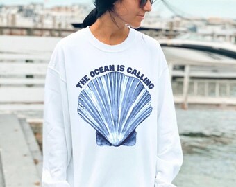 Ocean Sweatshirt - Beach Sweatshirt - The Ocean is Calling Seashell Ocean Crewneck - Summer Crewneck Sweatshirt - Ocean Aesthetic