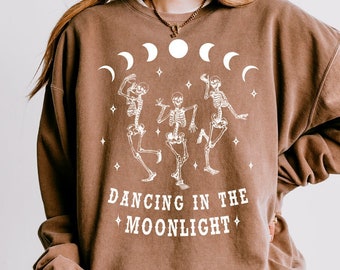 Dancing Skeleton Sweatshirt Moon Child Shirt Mystical Shirt Moonlight Dancing Skeletons Western Halloween Sweatshirt Disco Cowgirl Crewneck