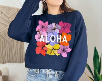 Hawaiian Sweatshirt - Aloha Beach Crewneck Sweatshirt - Hawaiian Graphic Crewneck - Summer Ocean Aesthetic Gildan Crewneck Sweatshirt